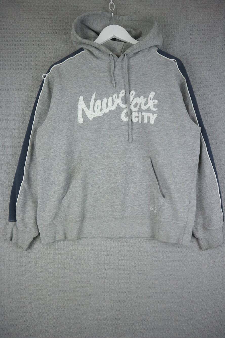 Y2K Streetwear New York City Patch Hoodie Gray Navy Stripe Medium Womens